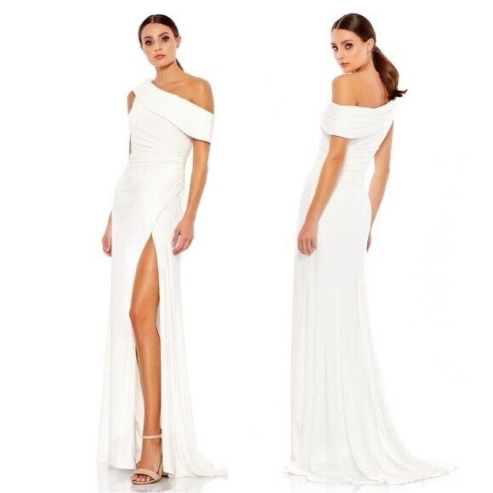 NWT Mac Duggal Foldover Off The Shoulder Slit Gown White 26517 - size 10